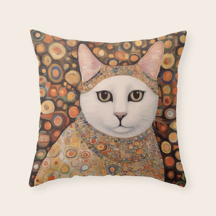 Gustav Klimt Cat with Colorful Costume Throw Pillow Gallery Image 1