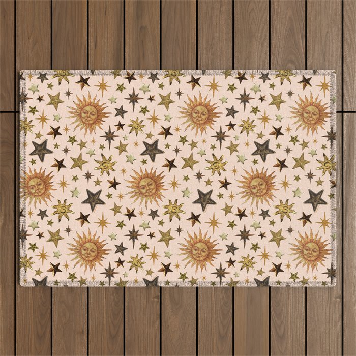 Vintage Star Collage Print in Cream Outdoor Rug Gallery Image 1
