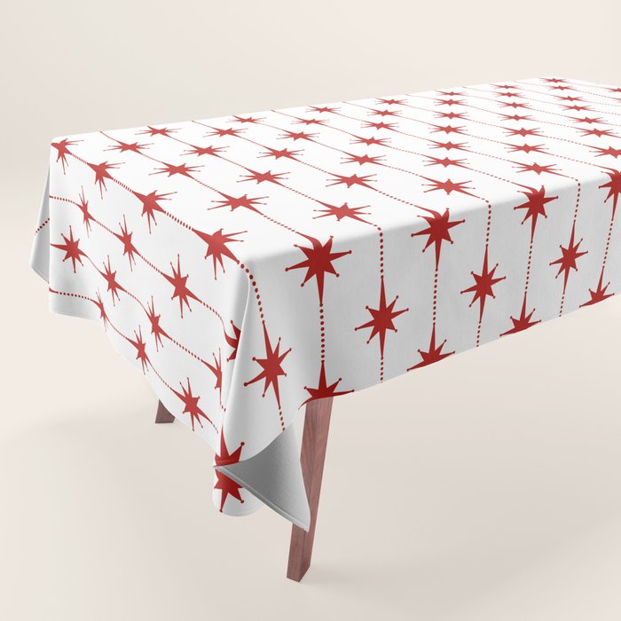 Midcentury Stars and Dots Red and White Pattern Tablecloth Gallery Image 1