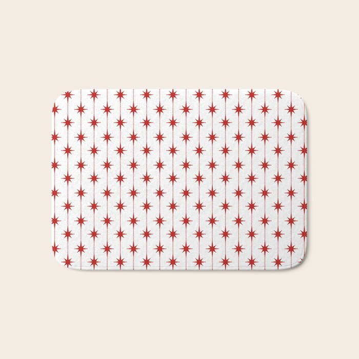 Midcentury Stars and Dots Red and White Pattern Bath Mat Gallery Image 1