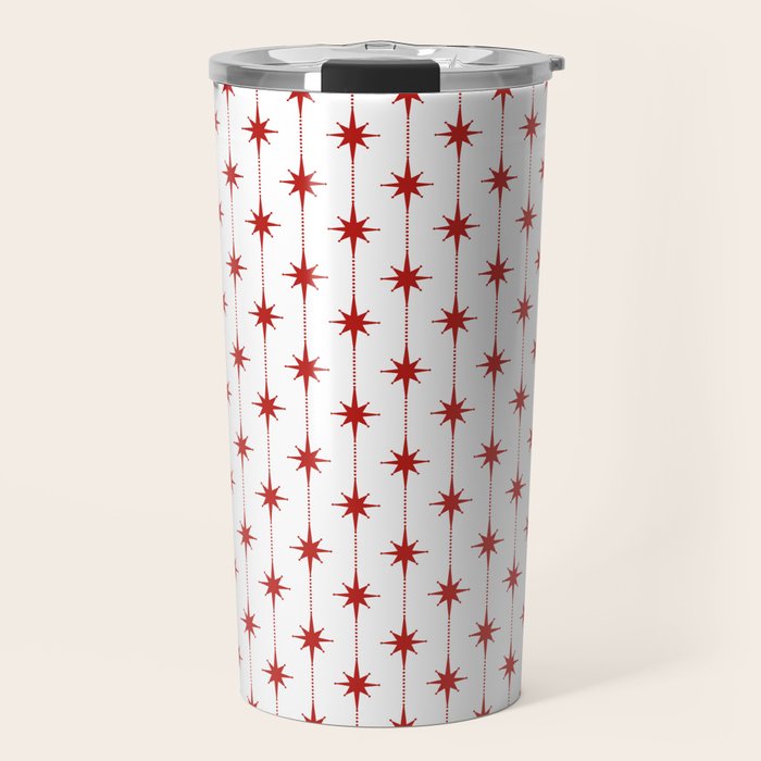 Midcentury Stars and Dots Red and White Pattern Travel Mug Gallery Image 1