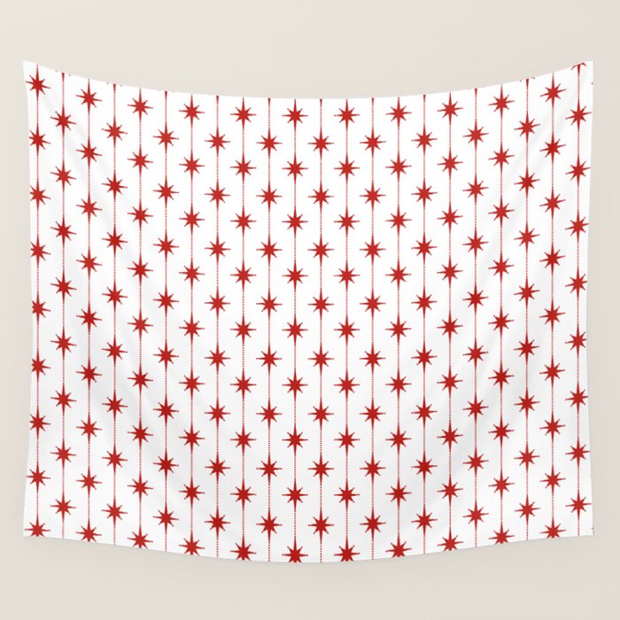 Midcentury Stars and Dots Red and White Pattern Wall Tapestry Gallery Image 1