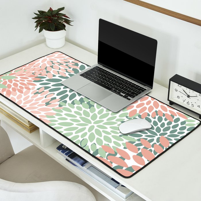 Festive, Abstract Floral Prints, Coral and Green Desk Mat Gallery Image 2
