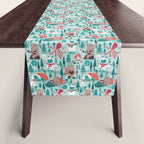 Besties // aqua background white Yeti brown Bigfoot teal and mint trees red and coral details Table Runner Gallery Image 1