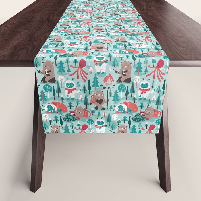 Besties // aqua background white Yeti brown Bigfoot teal and mint trees red and coral details Table Runner Gallery Image 1