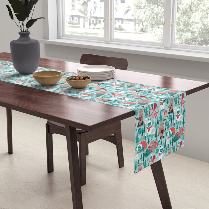 Besties // aqua background white Yeti brown Bigfoot teal and mint trees red and coral details Table Runner Gallery Image 2