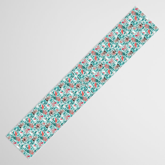 Besties // aqua background white Yeti brown Bigfoot teal and mint trees red and coral details Table Runner Gallery Image 3
