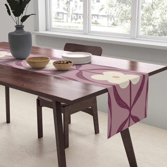Violet Retro Flowers Vintage Daisy Floral Geometric Table Runner Gallery Image 2
