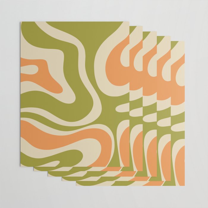 Retro Modern Liquid Swirl Abstract Pattern in Avocado Green, Orange, and Beige Wrapping Paper Gallery Image 3