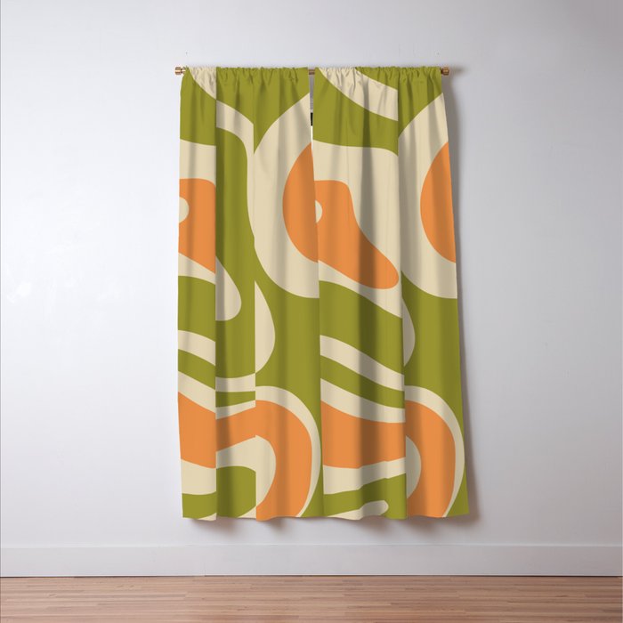 Retro Modern Liquid Swirl Abstract Pattern in Avocado Green, Orange, and Beige Window Curtain Gallery Image 3