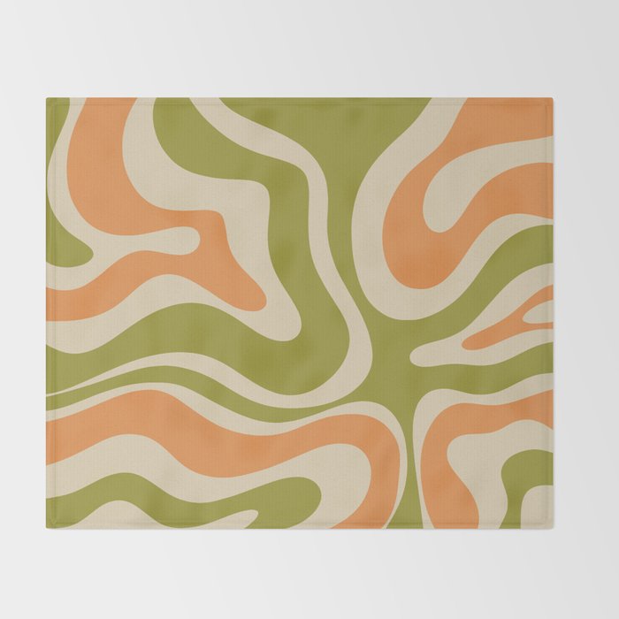 Retro Modern Liquid Swirl Abstract Pattern in Avocado Green, Orange, and Beige Throw Blanket Gallery Image 2