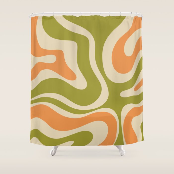 Retro Modern Liquid Swirl Abstract Pattern in Avocado Green, Orange, and Beige Shower Curtain Gallery Image 1
