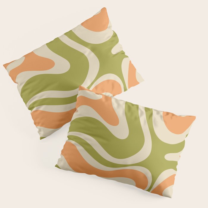 Retro Modern Liquid Swirl Abstract Pattern in Avocado Green, Orange, and Beige Pillow Sham Gallery Image 1