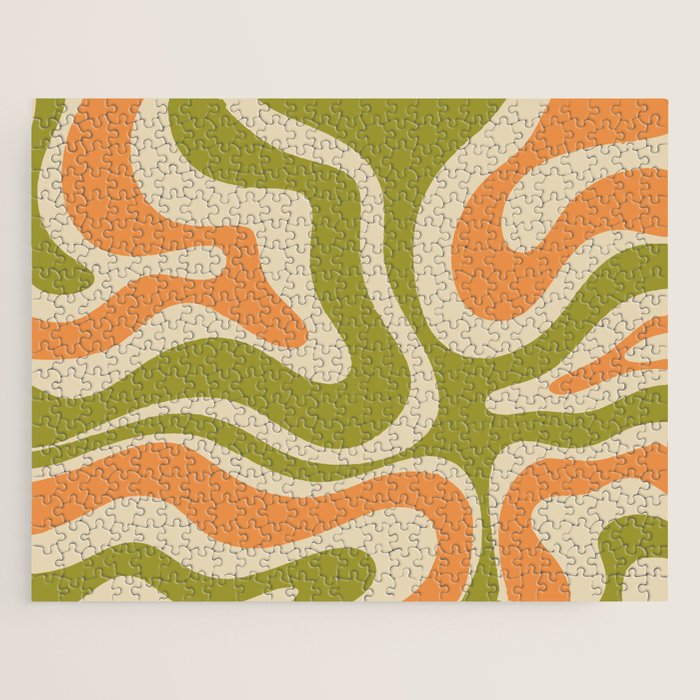 Retro Modern Liquid Swirl Abstract Pattern in Avocado Green, Orange, and Beige Jigsaw Puzzle Gallery Image 1
