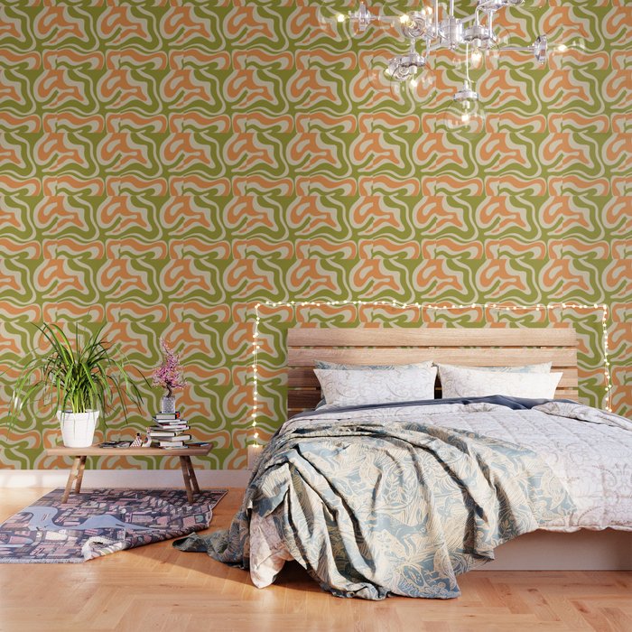 Retro Modern Liquid Swirl Abstract Pattern in Avocado Green, Orange, and Beige Wallpaper Gallery Image 3