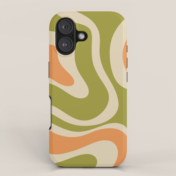 Retro Modern Liquid Swirl Abstract Pattern in Avocado Green, Orange, and Beige iPhone Case Gallery Image 1