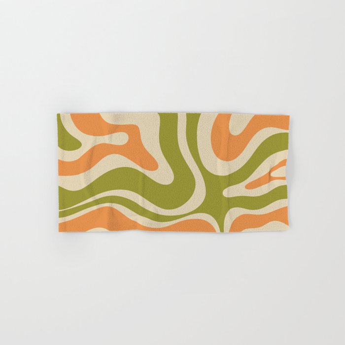 Retro Modern Liquid Swirl Abstract Pattern in Avocado Green, Orange, and Beige Bath Towel Gallery Image 1