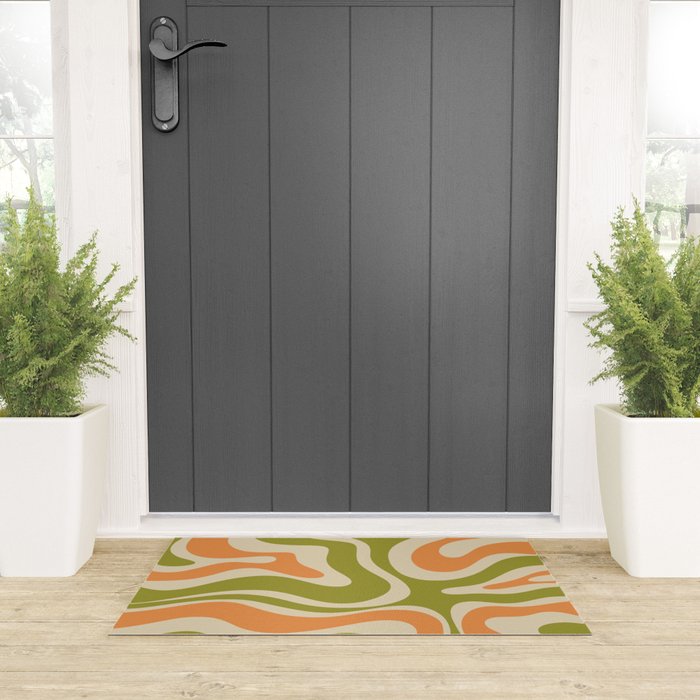 Retro Modern Liquid Swirl Abstract Pattern in Avocado Green, Orange, and Beige Welcome Mat Gallery Image 3