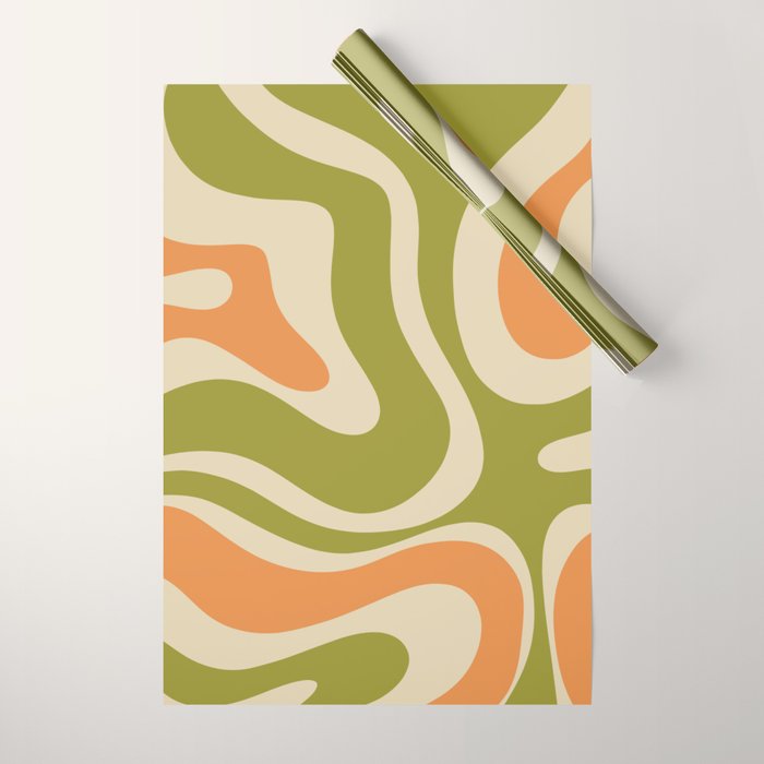 Retro Modern Liquid Swirl Abstract Pattern in Avocado Green, Orange, and Beige Wrapping Paper Gallery Image 1