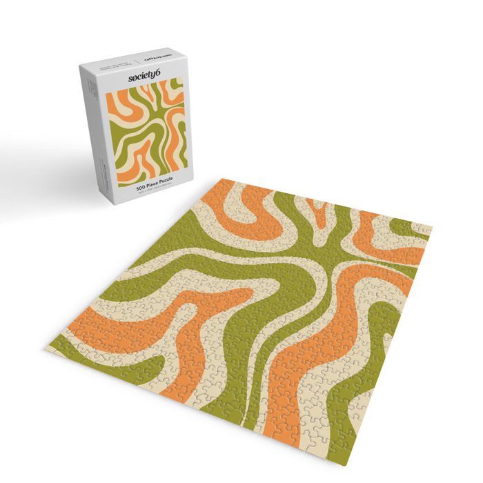 Retro Modern Liquid Swirl Abstract Pattern in Avocado Green, Orange, and Beige Jigsaw Puzzle Gallery Image 2