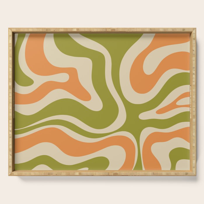 Retro Modern Liquid Swirl Abstract Pattern in Avocado Green, Orange, and Beige Serving Tray Gallery Image 1
