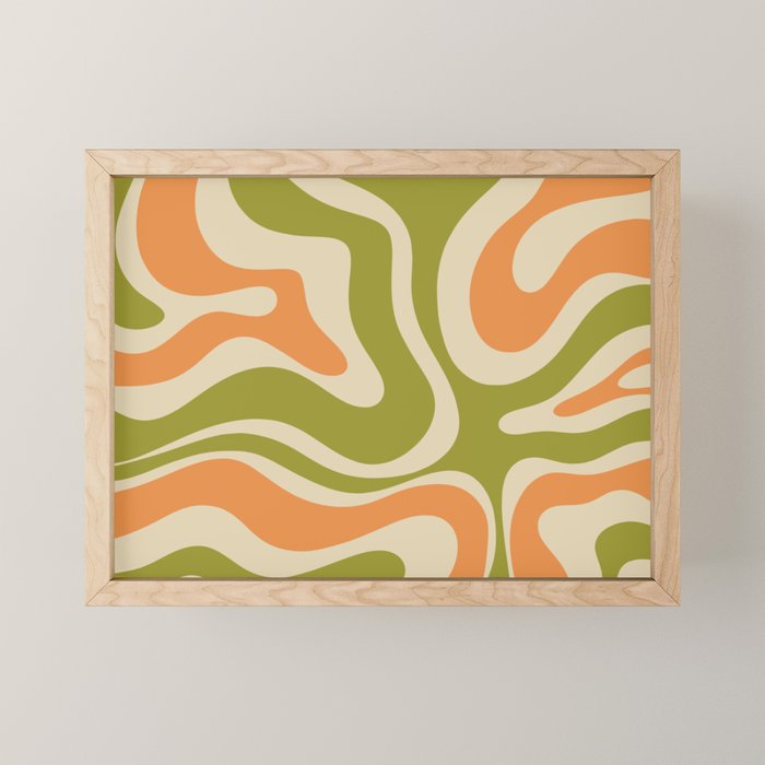 Retro Modern Liquid Swirl Abstract Pattern in Avocado Green, Orange, and Beige Mini Art Print Gallery Image 1