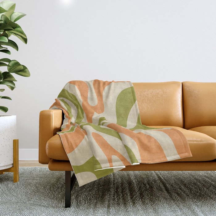 Retro Modern Liquid Swirl Abstract Pattern in Avocado Green, Orange, and Beige Throw Blanket Gallery Image 1