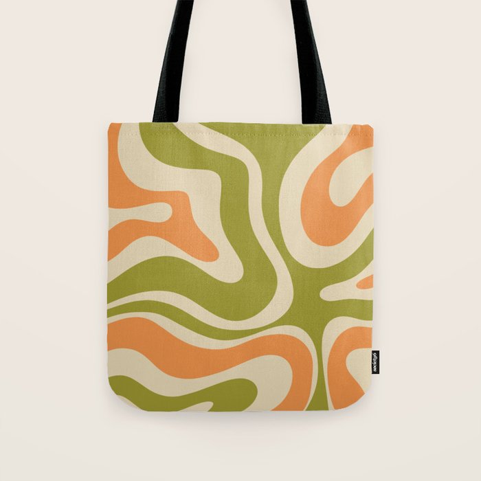 Retro Modern Liquid Swirl Abstract Pattern in Avocado Green, Orange, and Beige Tote Bag Gallery Image 1