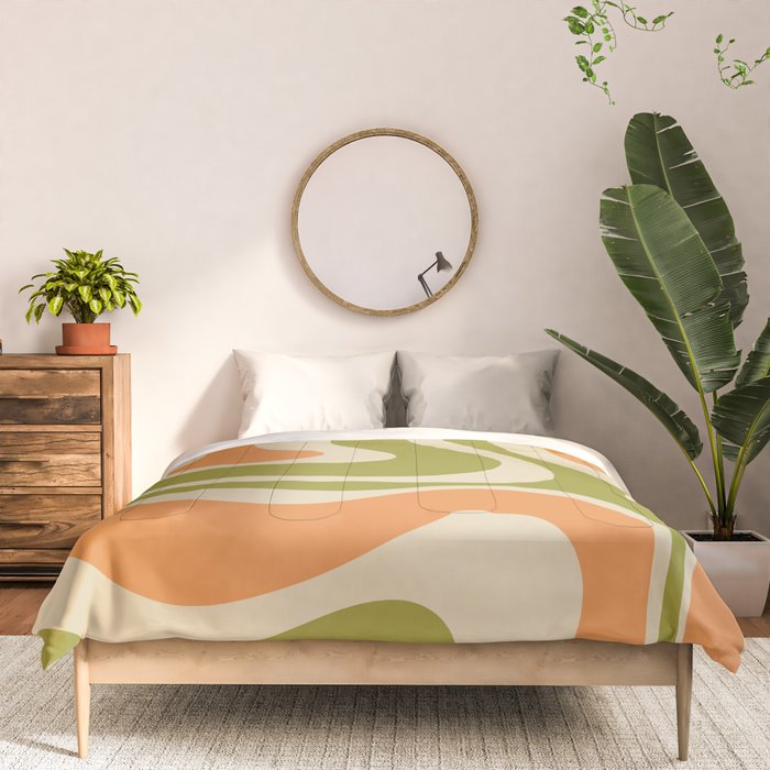 Retro Modern Liquid Swirl Abstract Pattern in Avocado Green, Orange, and Beige Comforter Gallery Image 3