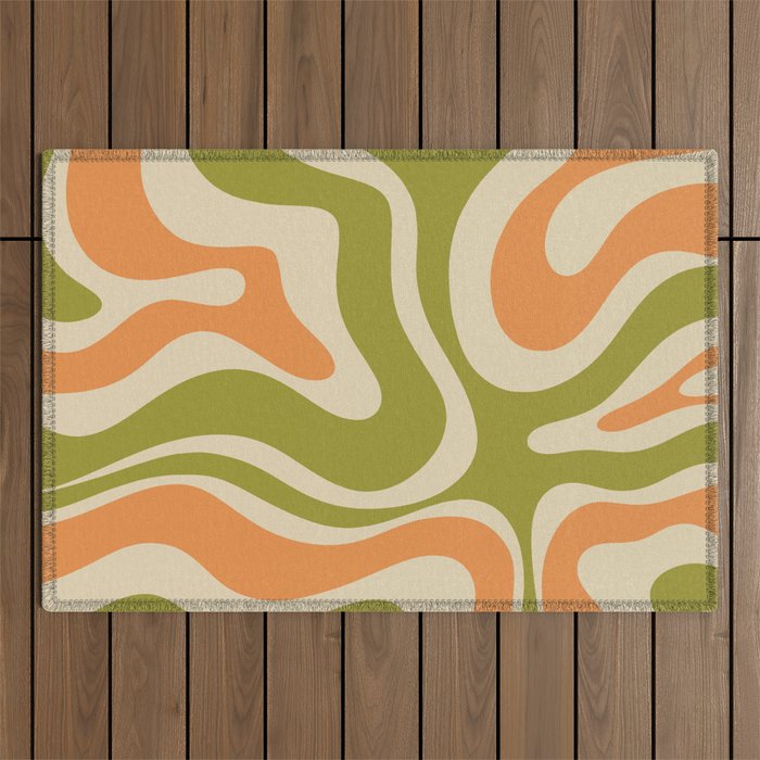 Retro Modern Liquid Swirl Abstract Pattern in Avocado Green, Orange, and Beige Outdoor Rug Gallery Image 1