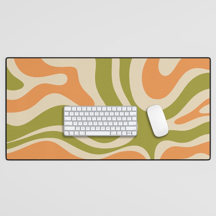 Retro Modern Liquid Swirl Abstract Pattern in Avocado Green, Orange, and Beige Desk Mat Gallery Image 1