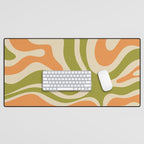 Retro Modern Liquid Swirl Abstract Pattern in Avocado Green, Orange, and Beige Desk Mat Gallery Image 1