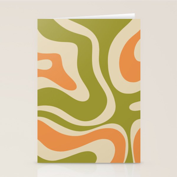 Retro Modern Liquid Swirl Abstract Pattern in Avocado Green, Orange, and Beige Stationery Card Gallery Image 2