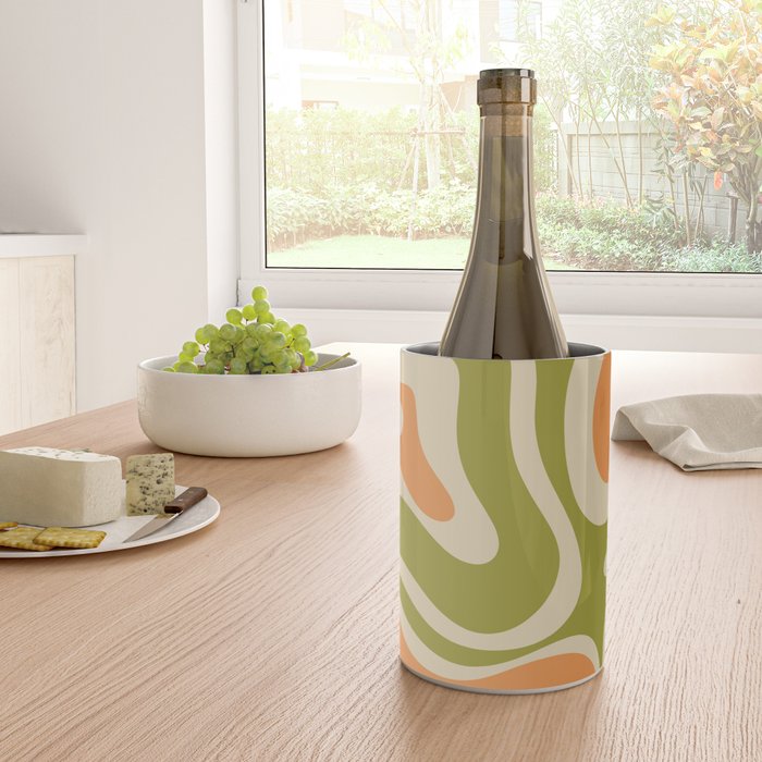 Retro Modern Liquid Swirl Abstract Pattern in Avocado Green, Orange, and Beige Wine Chiller Gallery Image 4