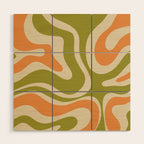 Retro Modern Liquid Swirl Abstract Pattern in Avocado Green, Orange, and Beige Wood Wall Art Gallery Image 1