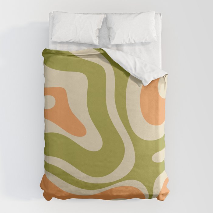 Retro Modern Liquid Swirl Abstract Pattern in Avocado Green, Orange, and Beige Duvet Cover Gallery Image 1