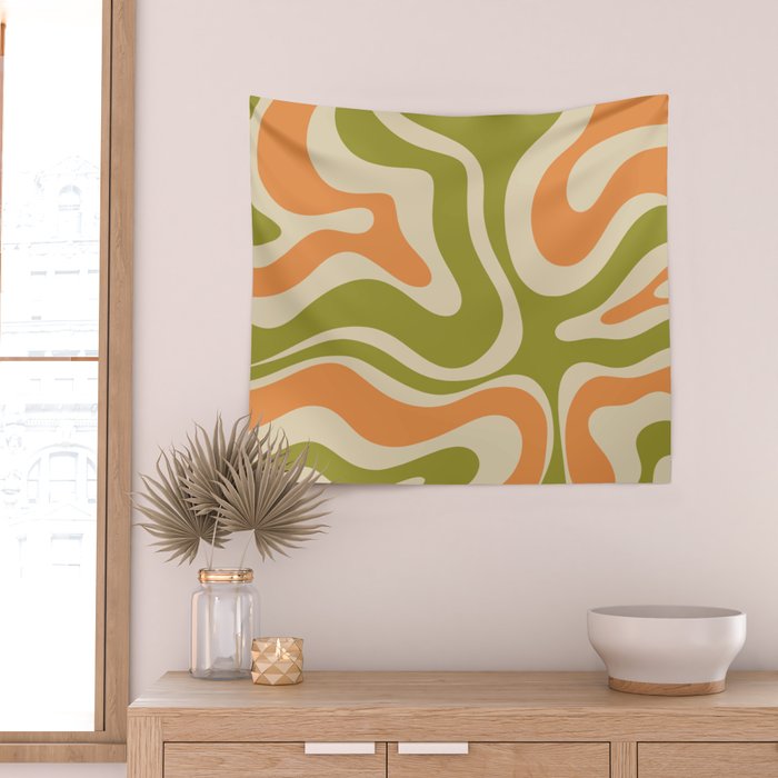 Retro Modern Liquid Swirl Abstract Pattern in Avocado Green, Orange, and Beige Wall Tapestry Gallery Image 2