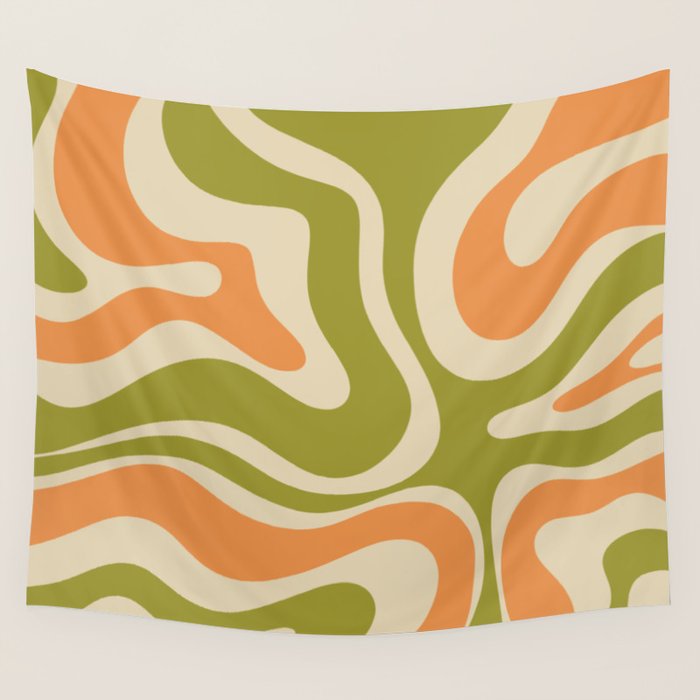 Retro Modern Liquid Swirl Abstract Pattern in Avocado Green, Orange, and Beige Wall Tapestry Gallery Image 4