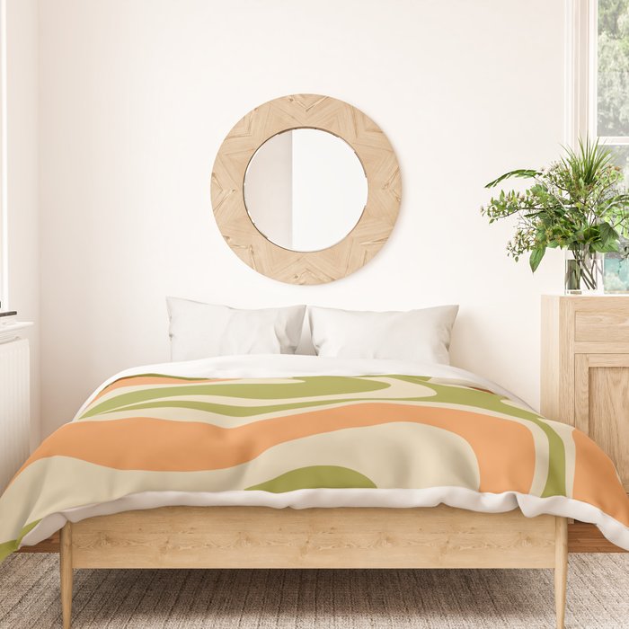 Retro Modern Liquid Swirl Abstract Pattern in Avocado Green, Orange, and Beige Duvet Cover Gallery Image 3