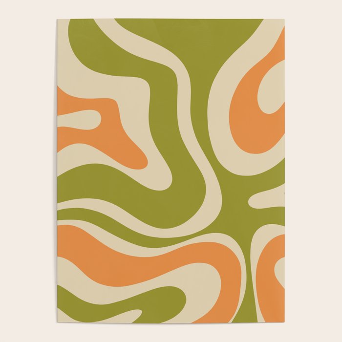 Retro Modern Liquid Swirl Abstract Pattern in Avocado Green, Orange, and Beige Poster Gallery Image 1