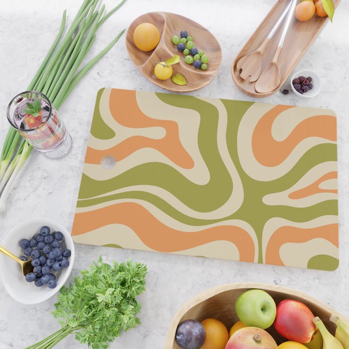 Retro Modern Liquid Swirl Abstract Pattern in Avocado Green, Orange, and Beige Cutting Board Gallery Image 2