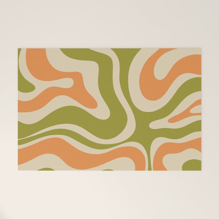 Retro Modern Liquid Swirl Abstract Pattern in Avocado Green, Orange, and Beige Welcome Mat Gallery Image 1
