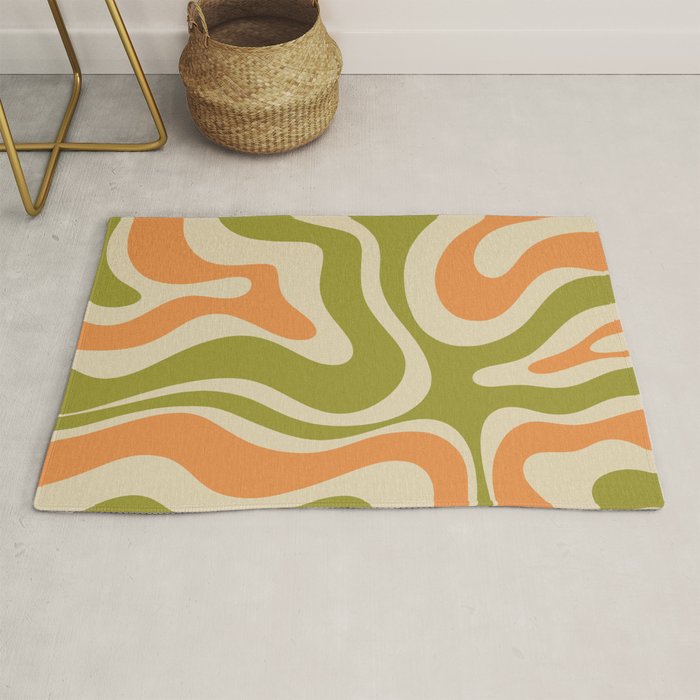 Retro Modern Liquid Swirl Abstract Pattern in Avocado Green, Orange, and Beige Rug Gallery Image 1