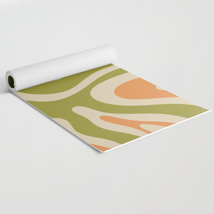 Retro Modern Liquid Swirl Abstract Pattern in Avocado Green, Orange, and Beige Yoga Mat Gallery Image 2
