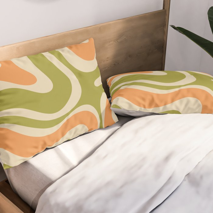 Retro Modern Liquid Swirl Abstract Pattern in Avocado Green, Orange, and Beige Pillow Sham Gallery Image 2