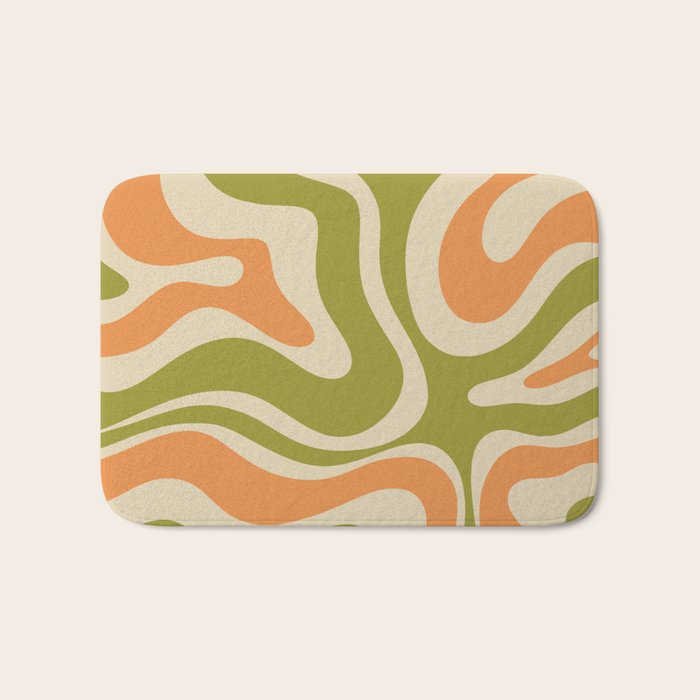 Retro Modern Liquid Swirl Abstract Pattern in Avocado Green, Orange, and Beige Bath Mat Gallery Image 1