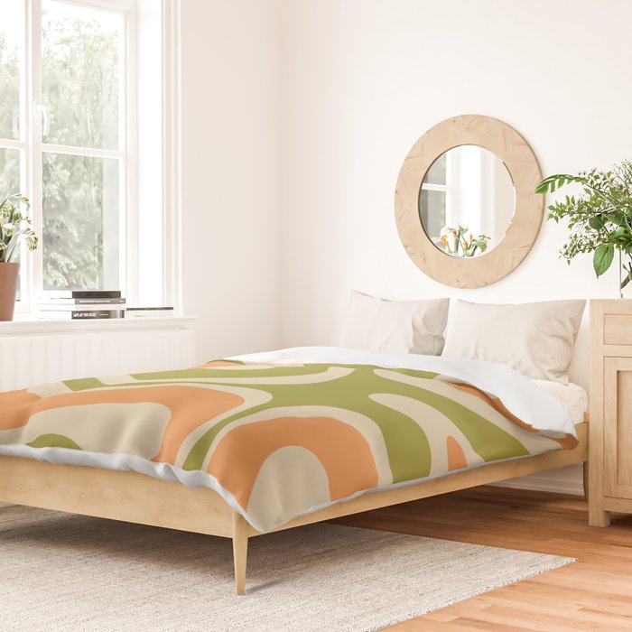 Retro Modern Liquid Swirl Abstract Pattern in Avocado Green, Orange, and Beige Duvet Cover Gallery Image 2
