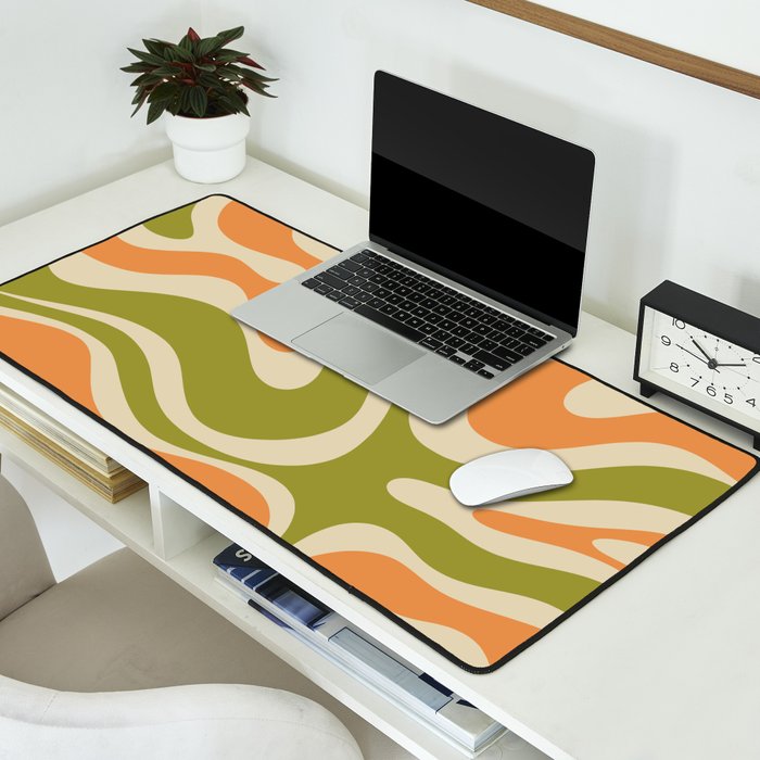 Retro Modern Liquid Swirl Abstract Pattern in Avocado Green, Orange, and Beige Desk Mat Gallery Image 2
