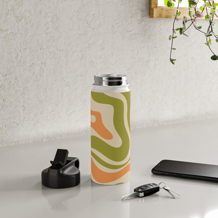 Retro Modern Liquid Swirl Abstract Pattern in Avocado Green, Orange, and Beige Water Bottle Gallery Image 4