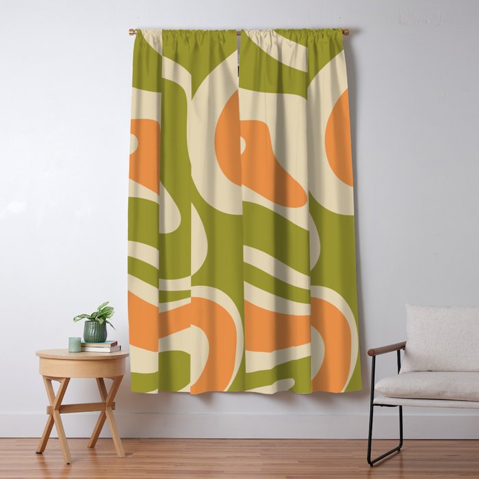 Retro Modern Liquid Swirl Abstract Pattern in Avocado Green, Orange, and Beige Window Curtain Gallery Image 5